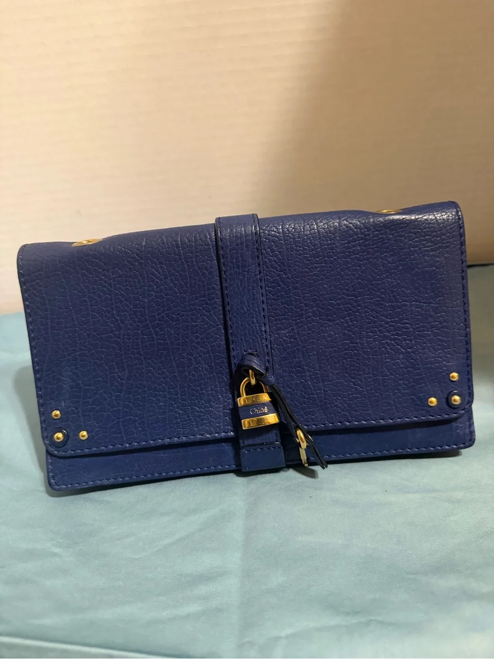 Chole Aurore  wallet Blue Calfskin Leather Crossbody Wallet with Gold Hardware